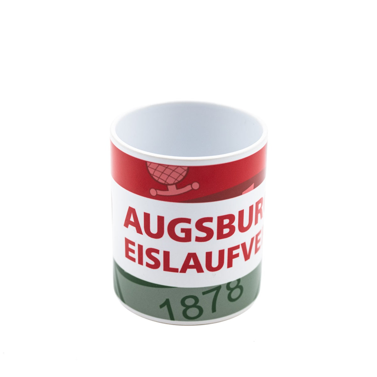 Tasse mit Ausschnitt des AEV-Logos großflächlig im Hintergrund sowie kleinerem AEV-Logo samt "Augsburger Eislaufverein" Schriftzug im Vordergrund