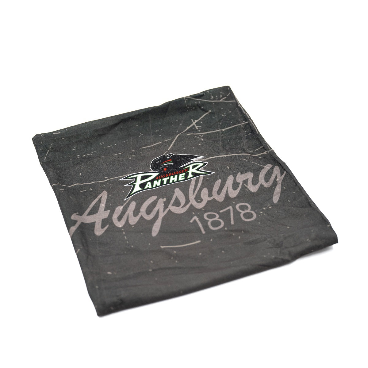 schwarz-graues Multifunktionstuch mit Pantherlogo und "Augsburg 1878" Schriftzug