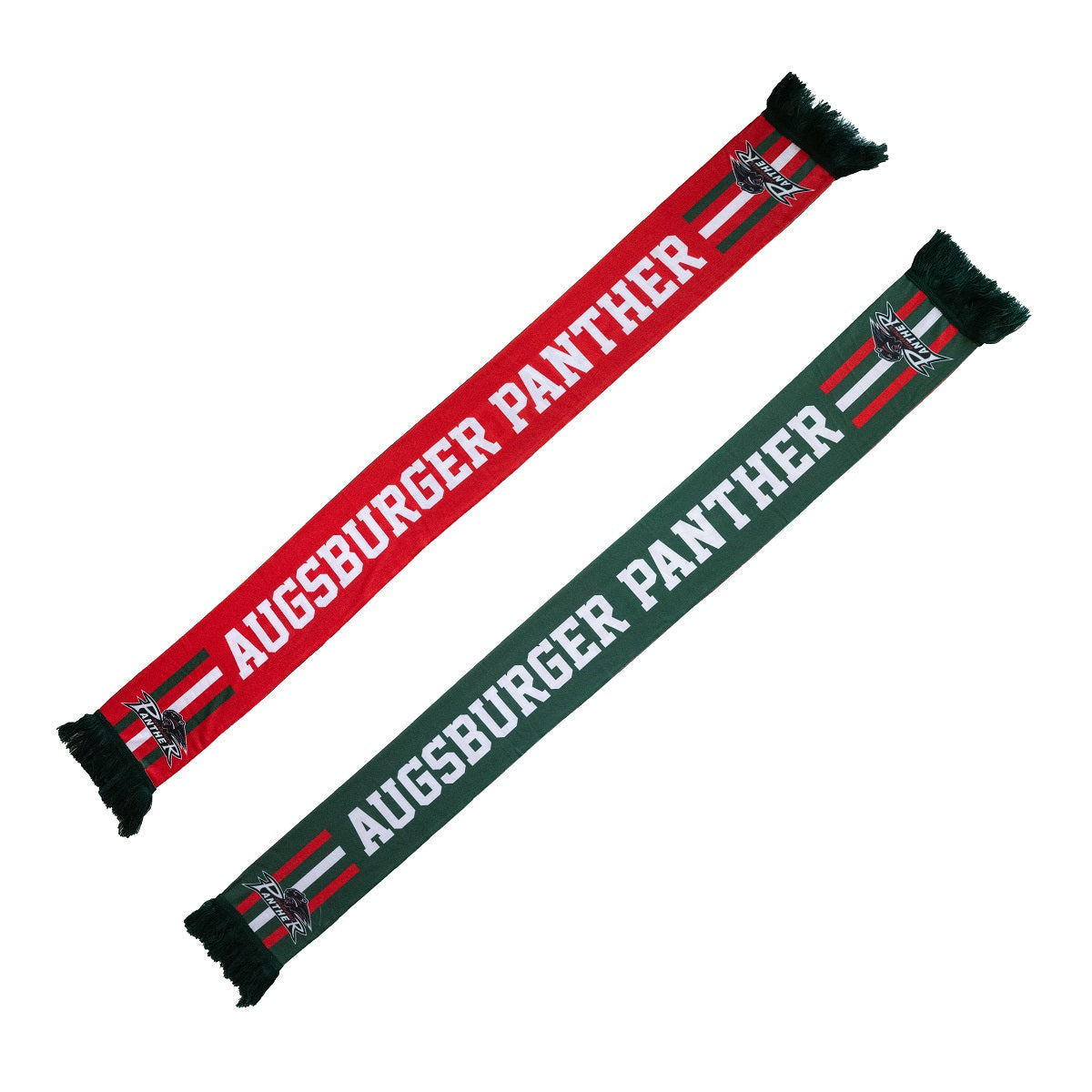 Doppelansicht der beiden Schalseiten.
Vorderseite: rote Grundfarbe, "Augsburger Panther", und Pantherlogo
Rückseite: grüne Grundfarbe, "Augsburger Panther", und Pantherlogo