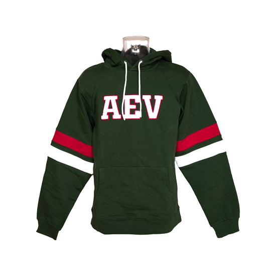 Dunkelgrüner Baumwollhoodie mit großem AEV-Schriftzug auf der Brust und je einem grünen und roten Streifen auf den Ärmeln. 