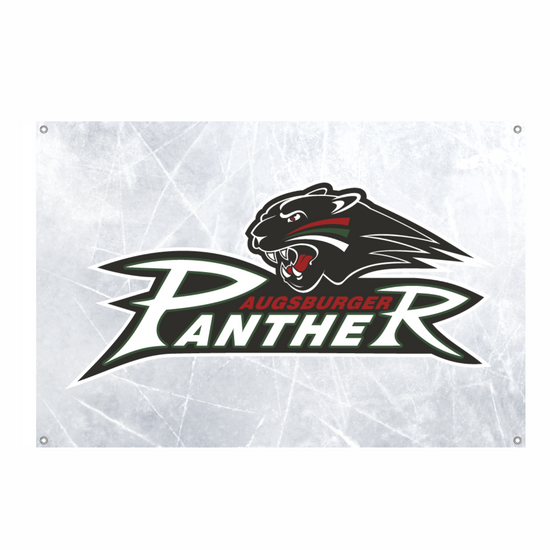 Panther-Logo auf einem Eis-verkratztem Hintergrund. In den Ecken vier Löcher um die Fahne aufzuhängen