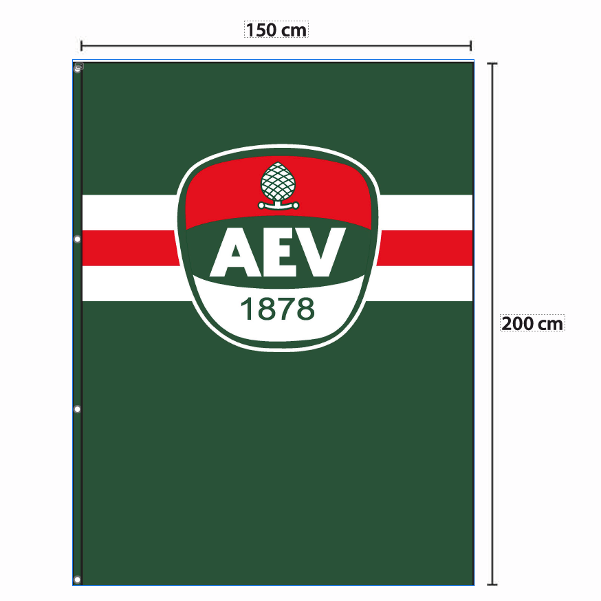 Grafik der Hissfahne, diese ist grün mit zweißen und einem roten Balken. Im oberen Teil befindet sich das AEV-Logo