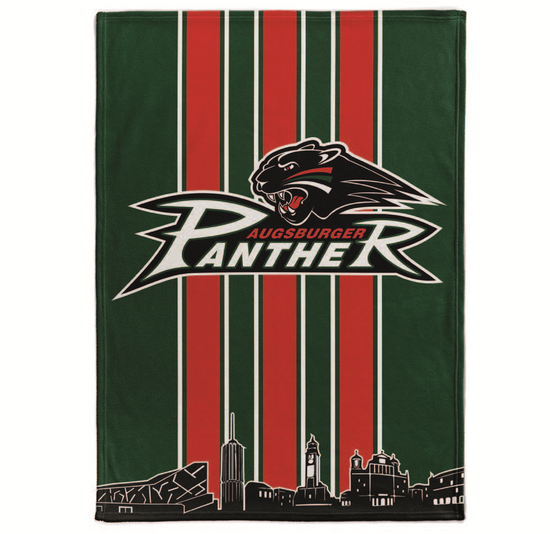 vertikale grün-rote Balken, großes Pantherlogo und Skylineausschnitt am unteren Ende der Decke